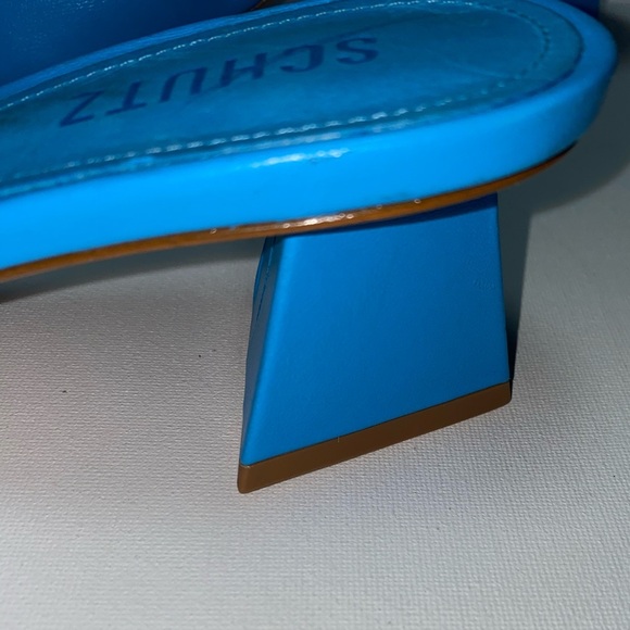 SCHUTZ Liza Lo Leather Azure Women's Vibrant Blue Heeled Slides - Picture 4 of 9